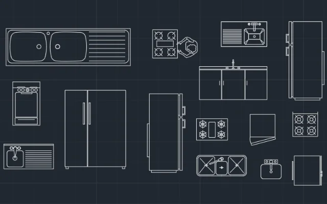 Imagen de bloques de bachas, heladeras, cocinas y más para diseñar cocinas