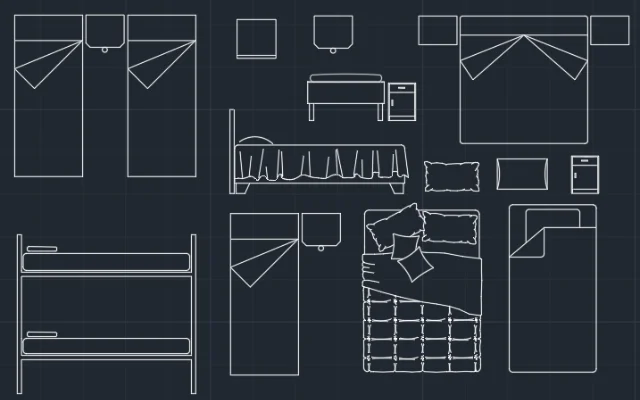 Imagen de bloques de camas, mesas de luz y almohadas para diseñar dormitorios en AutoCAD