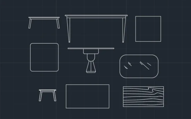 Imagen de bloques de mesas vistos en planta y vistas