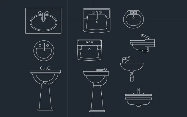 Imagen de bloques de lavatorios para diseñar baños y toilette en AutoCAD